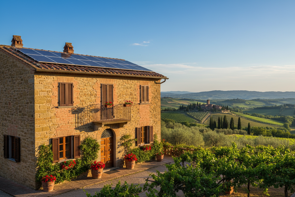 Casa italiana con pannelli solari e paesaggio